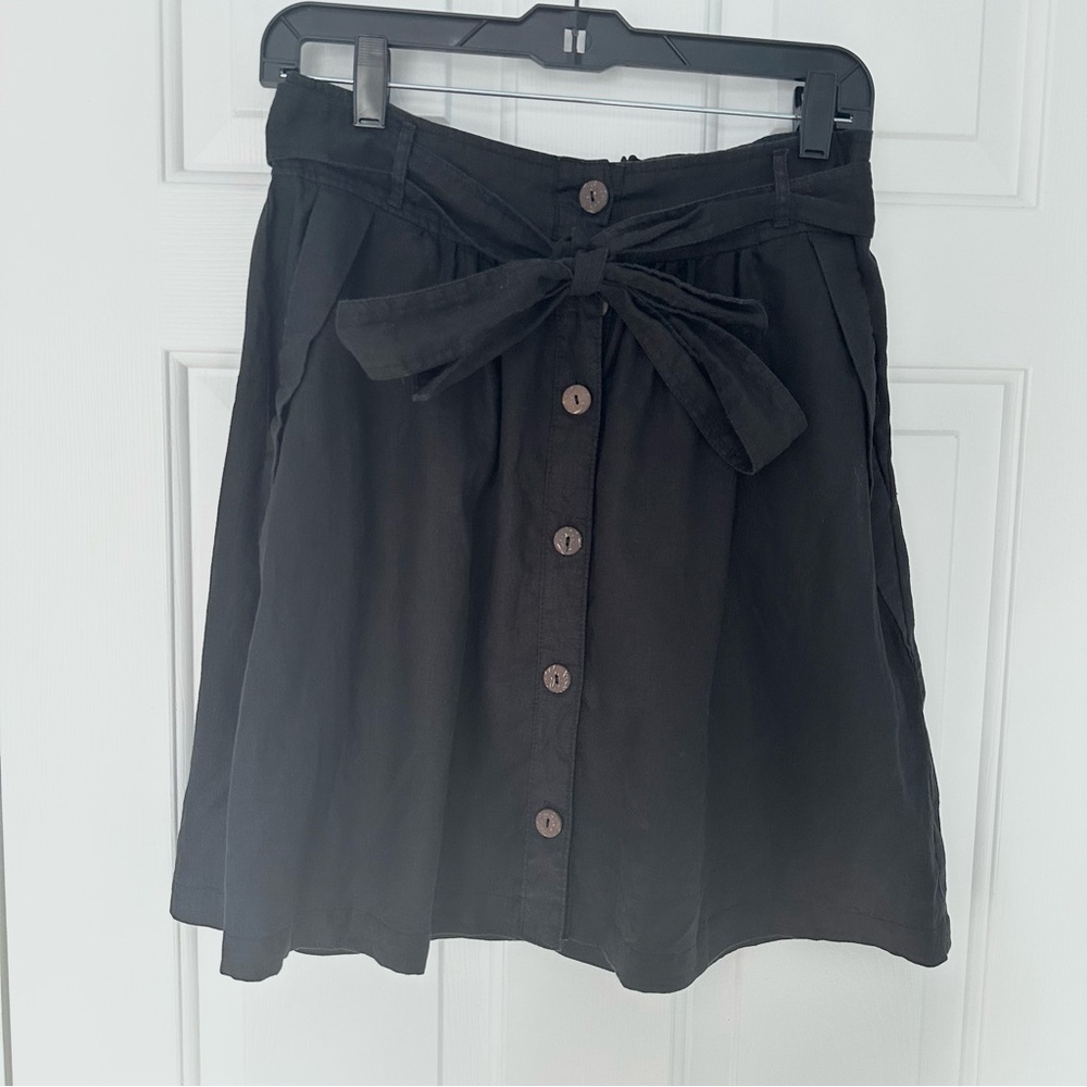 Love Tree Black Linen Button Up Skirt Tie Belt Sz S